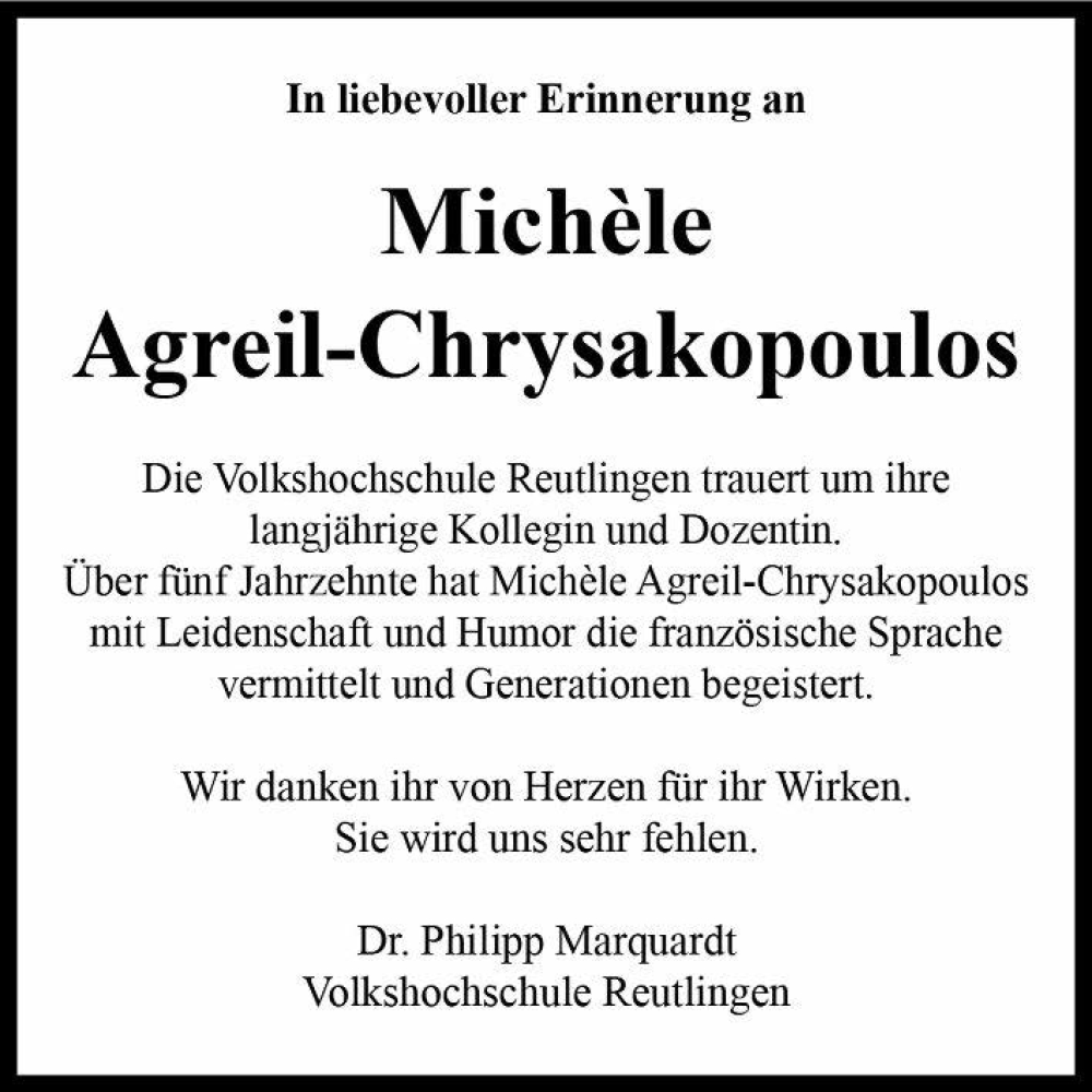 Traueranzeige für Michele Agreil-Chrysakopoulos vom 16.10.2025 aus Reutlinger General-Anzeiger