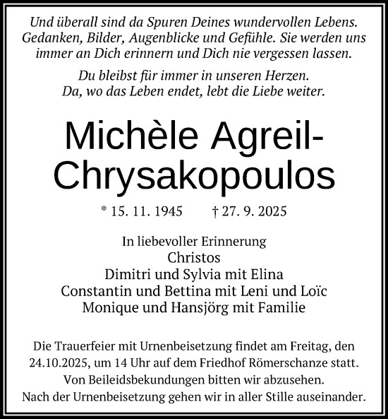 Anzeige von Michèle Agreil-Chrysakopoulos von Reutlinger General-Anzeiger