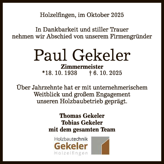 Anzeige von Paul Gekeler von Reutlinger General-Anzeiger