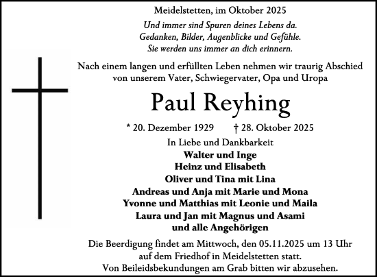 Anzeige von Paul Reyhing von Reutlinger General-Anzeiger