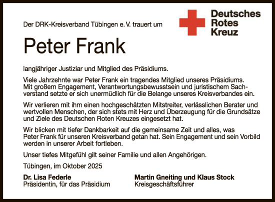 Anzeige von Peter Frank von Reutlinger General-Anzeiger