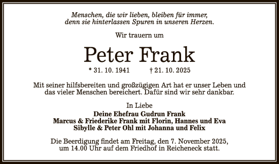 Anzeige von Peter Frank von Reutlinger General-Anzeiger
