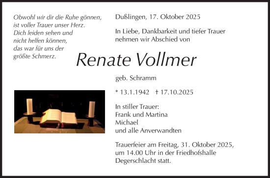 Anzeige von Renate Vollmer von Reutlinger General-Anzeiger