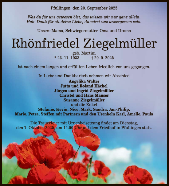 Anzeige von Rhönfriedel Ziegelmüller von Reutlinger General-Anzeiger