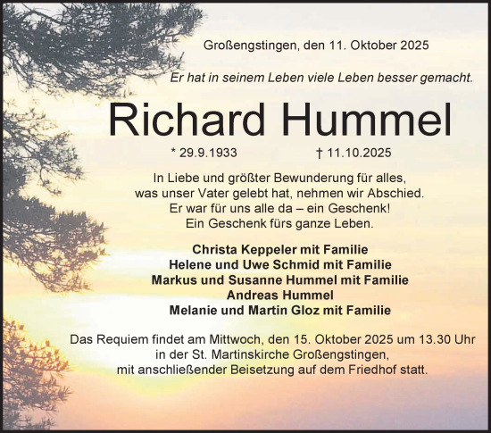 Anzeige von Richard Hummel von Reutlinger General-Anzeiger
