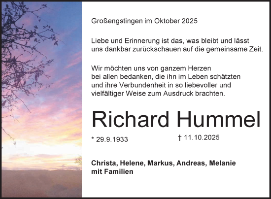 Anzeige von Richard Hummel von Reutlinger General-Anzeiger