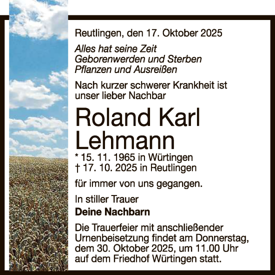 Anzeige von Roland Karl Lehmann von Reutlinger General-Anzeiger