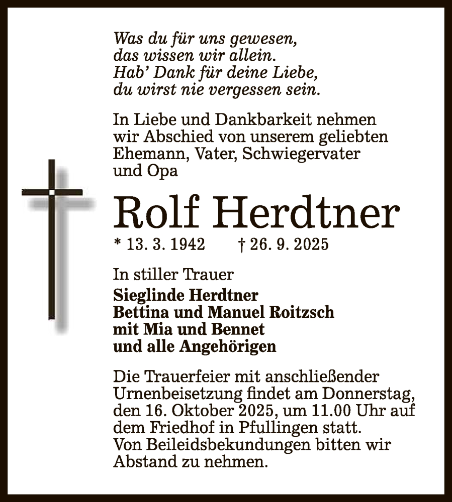  Traueranzeige für Rolf Herdtner vom 11.10.2025 aus Reutlinger General-Anzeiger