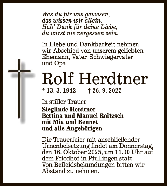Anzeige von Rolf Herdtner von Reutlinger General-Anzeiger