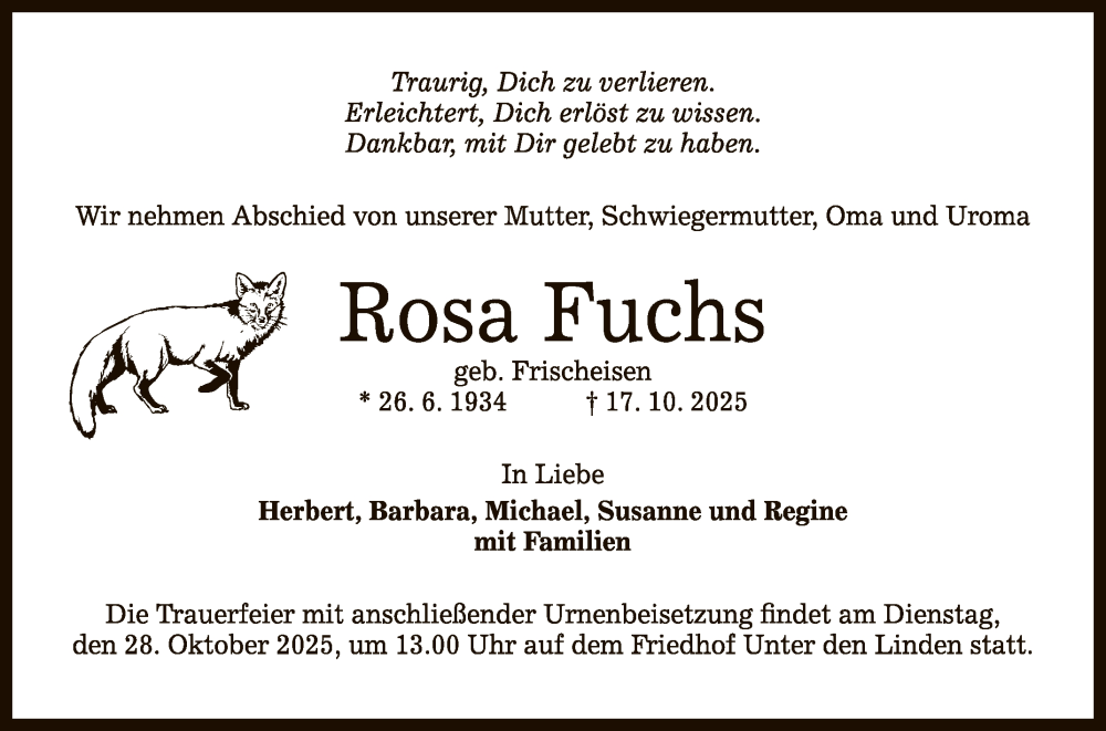  Traueranzeige für Rosa Fuchs vom 25.10.2025 aus Reutlinger General-Anzeiger