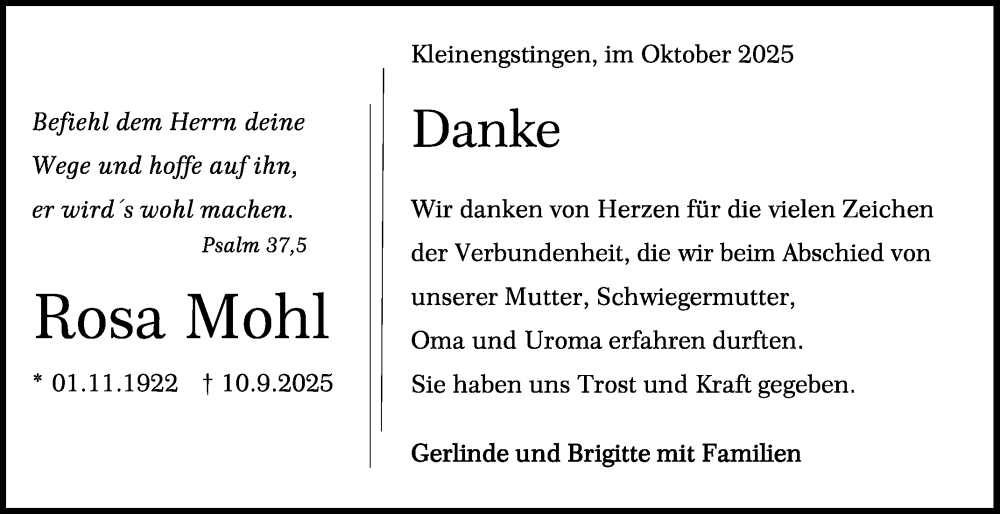  Traueranzeige für Rosa Mohl vom 11.10.2025 aus Reutlinger General-Anzeiger
