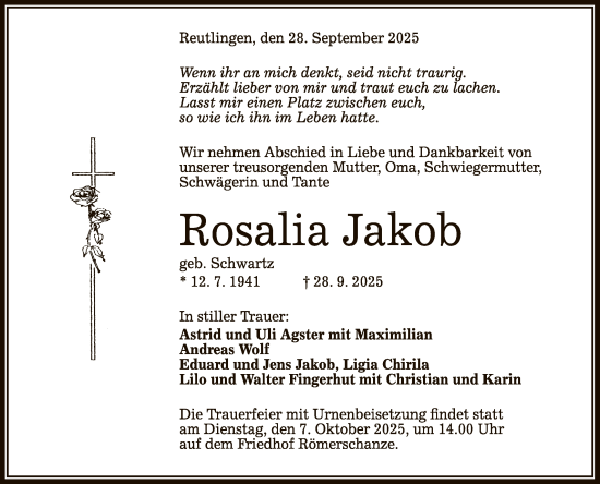 Anzeige von Rosalia Jakob von Reutlinger General-Anzeiger