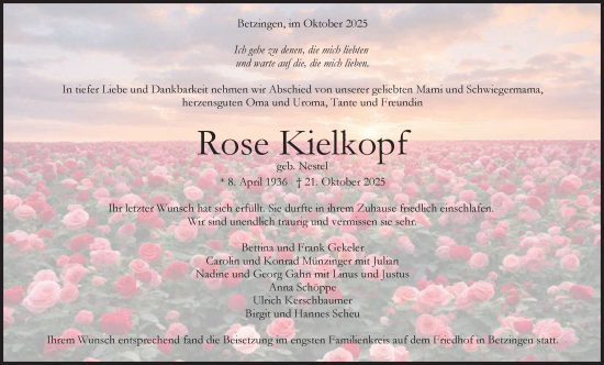 Anzeige von Rose Kielkopf von Reutlinger General-Anzeiger