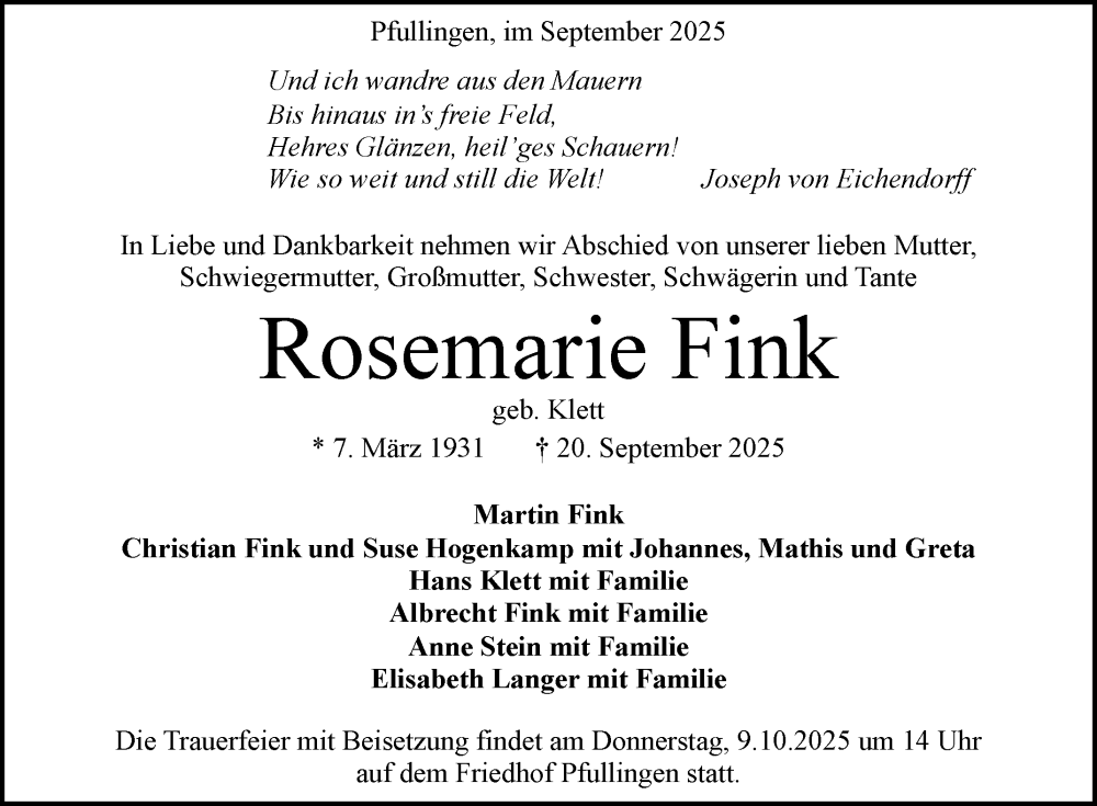  Traueranzeige für Rosemarie Fink vom 04.10.2025 aus Reutlinger General-Anzeiger