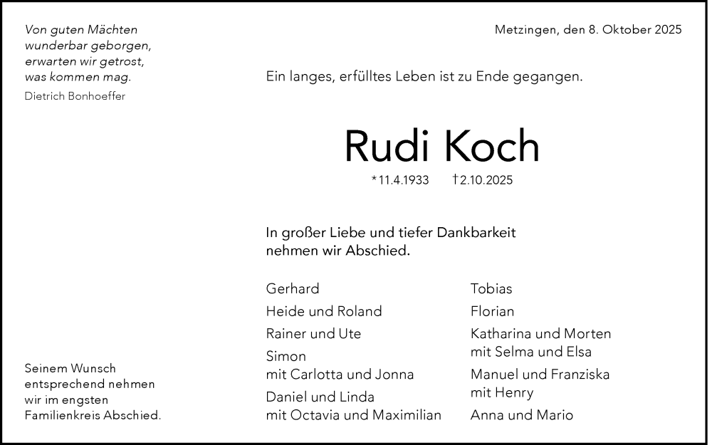  Traueranzeige für Rudi Koch vom 08.10.2025 aus Reutlinger General-Anzeiger