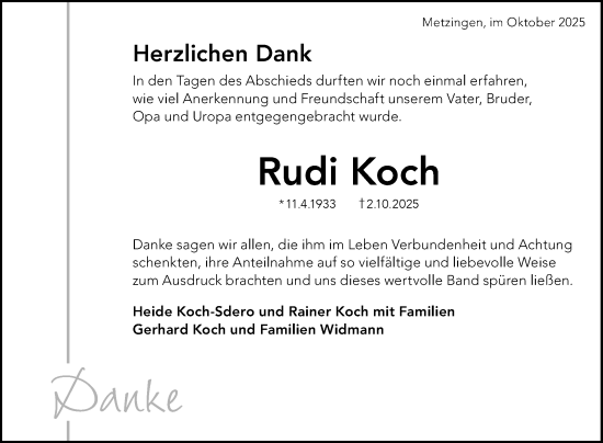 Anzeige von Rudi Koch von Reutlinger General-Anzeiger