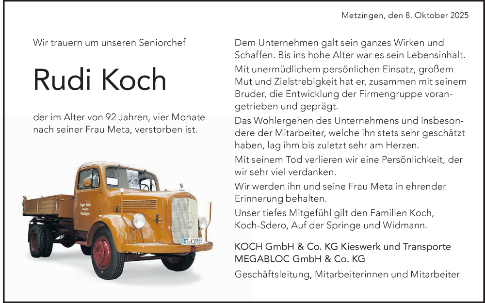  Traueranzeige für Rudi Koch vom 08.10.2025 aus Reutlinger General-Anzeiger