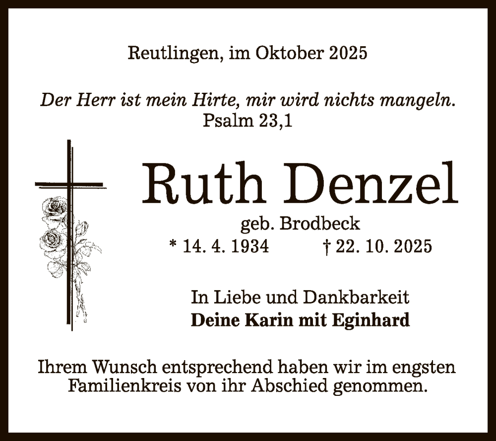  Traueranzeige für Ruth Denzel vom 31.10.2025 aus Reutlinger General-Anzeiger