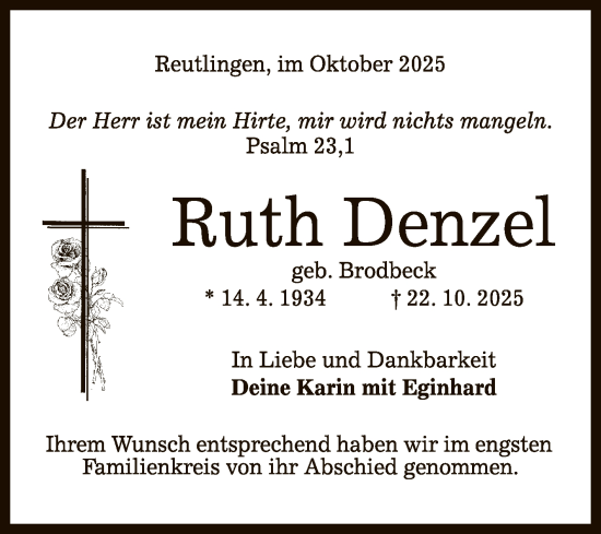 Anzeige von Ruth Denzel von Reutlinger General-Anzeiger