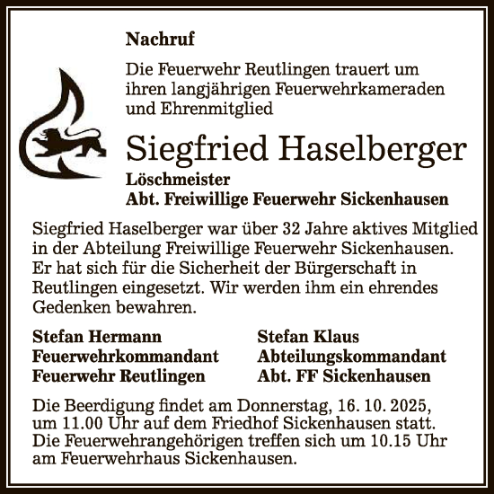 Anzeige von Siegfried Haselberger von Reutlinger General-Anzeiger