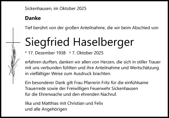 Anzeige von Siegfried Haselberger von Reutlinger General-Anzeiger