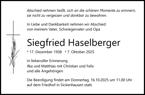 Anzeige von Siegfried Haselberger von Reutlinger General-Anzeiger