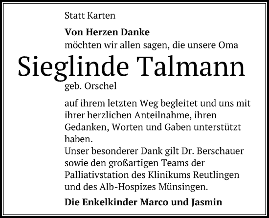 Anzeige von Sieglinde Talmann von Reutlinger General-Anzeiger