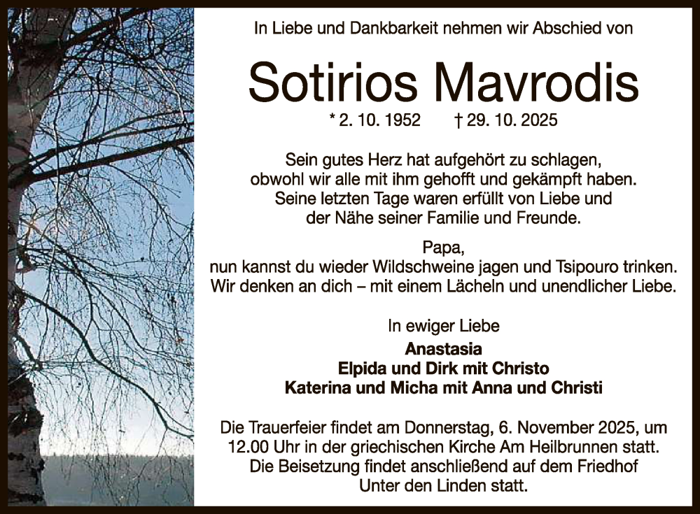 Traueranzeige für Sotirios Mavrodis vom 31.10.2025 aus Reutlinger General-Anzeiger