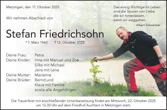 Anzeige von Stefan Friedrichsohn von Reutlinger General-Anzeiger