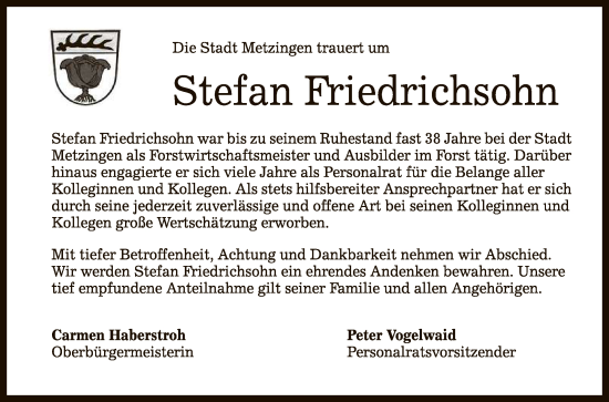 Anzeige von Stefan Friedrichsohn von Reutlinger General-Anzeiger