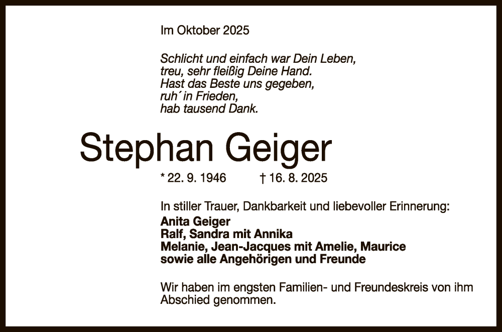  Traueranzeige für Stephan Geiger vom 04.10.2025 aus Reutlinger General-Anzeiger