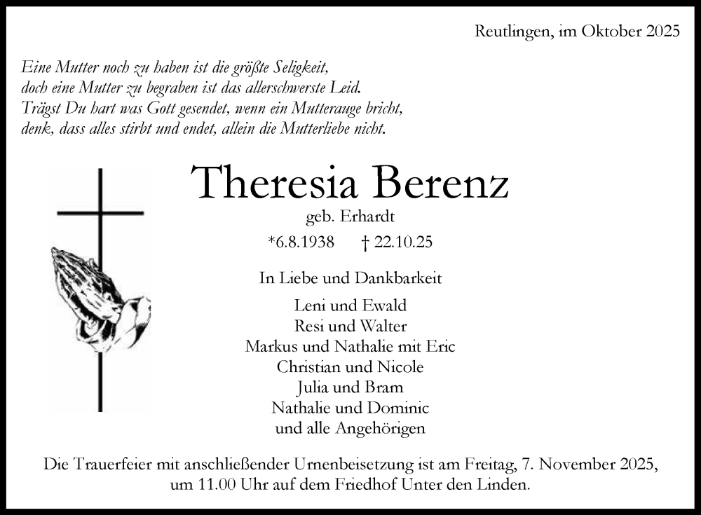  Traueranzeige für Theresia Berenz vom 31.10.2025 aus Reutlinger General-Anzeiger