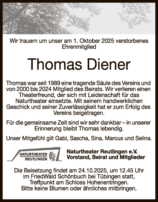 Anzeige von Thomas Diener von Reutlinger General-Anzeiger