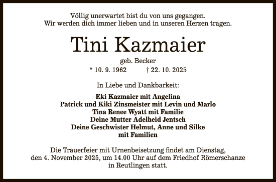 Anzeige von Tini Kazmaier von Reutlinger General-Anzeiger