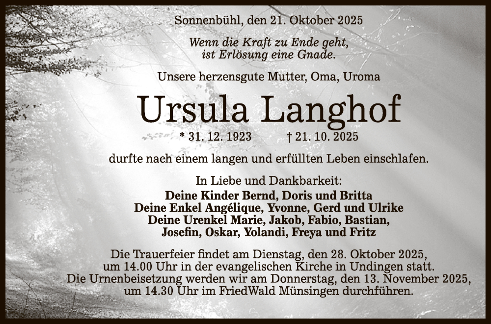  Traueranzeige für Ursula Langhot vom 25.10.2025 aus Reutlinger General-Anzeiger