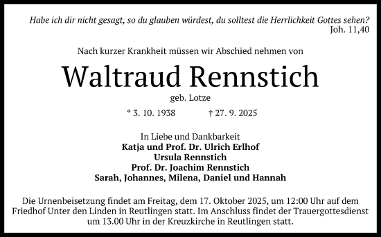 Anzeige von Waltraud Rennstich von Reutlinger General-Anzeiger