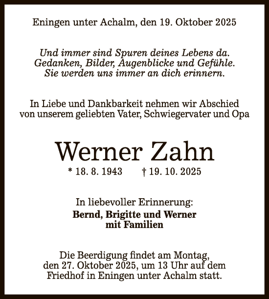 Anzeige von Werner Zahn von Reutlinger General-Anzeiger