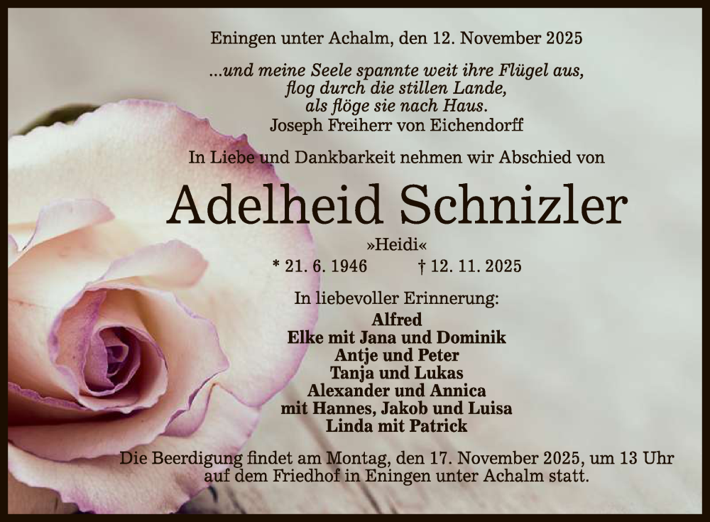  Traueranzeige für Adelheid Schnizler vom 15.11.2025 aus Reutlinger General-Anzeiger