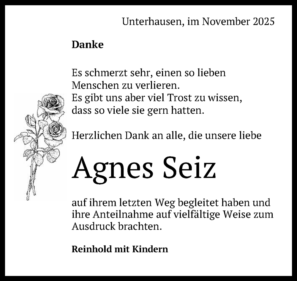  Traueranzeige für Agnes Seiz vom 20.11.2025 aus Reutlinger General-Anzeiger