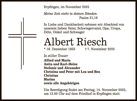 Anzeige von Albert Riesch von Reutlinger General-Anzeiger