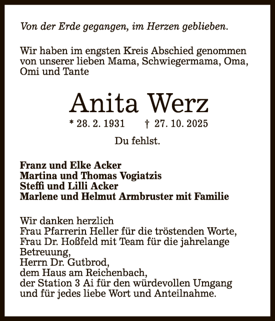 Anzeige von Anita Werz von Reutlinger General-Anzeiger