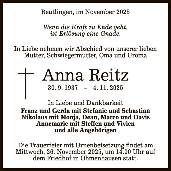 Anzeige von Anna Reitz von Reutlinger General-Anzeiger