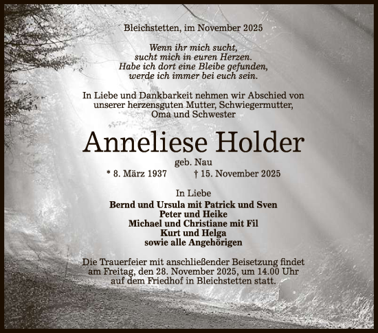 Anzeige von Anneliese Holder von Reutlinger General-Anzeiger