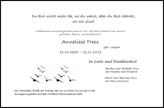 Anzeige von Anneliese Tress von Reutlinger General-Anzeiger