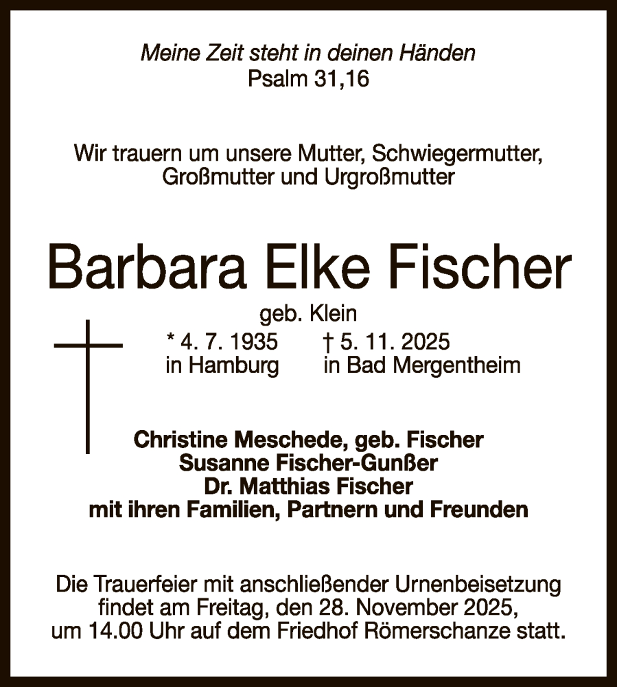  Traueranzeige für Barbara Elke Fischer vom 15.11.2025 aus Reutlinger General-Anzeiger