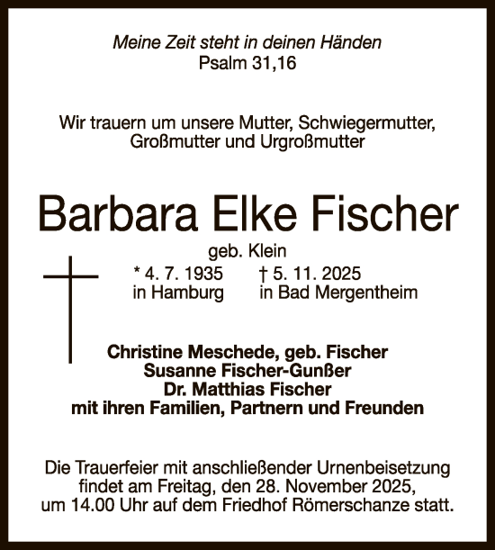 Anzeige von Barbara Elke Fischer von Reutlinger General-Anzeiger