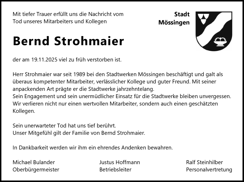  Traueranzeige für Bernd Strohmaier vom 22.11.2025 aus Reutlinger General-Anzeiger