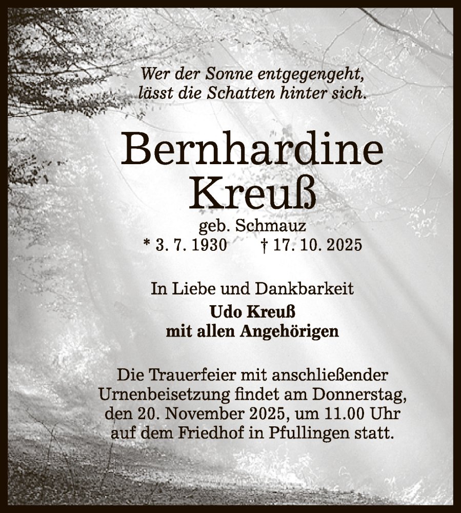  Traueranzeige für Bernhardine Kreuß vom 15.11.2025 aus Reutlinger General-Anzeiger