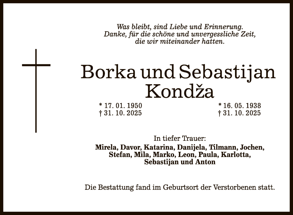  Traueranzeige für Borka und Sebastijan Kondza vom 05.11.2025 aus Reutlinger General-Anzeiger