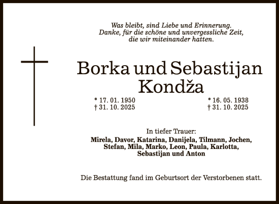 Anzeige von Borka und Sebastijan Kondza von Reutlinger General-Anzeiger